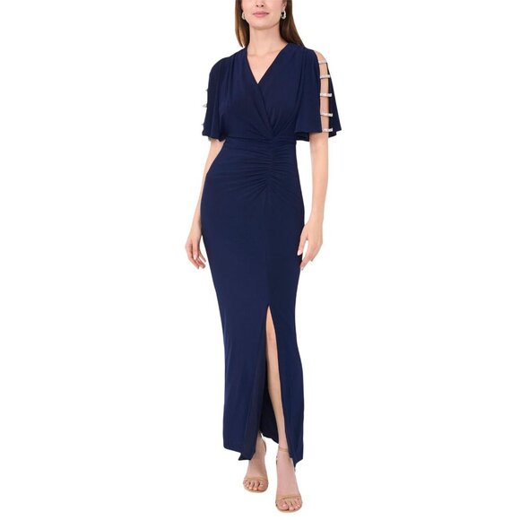 MSK Dresses & Skirts - NWT MSK V-Neck Rhinestone Ladder Trim Side Slit Evening Gown Dress Navy Blue S